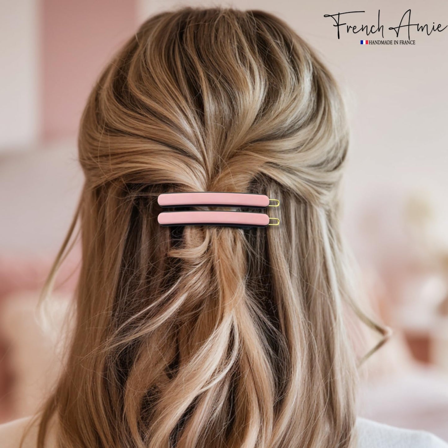 French Amie Rounded Oblong Small 2.5" Cellulose Set of 2 French Hair Clips Tige Boule Handmade Girls Side Slide-in Hair Barrette Clip (Pink)