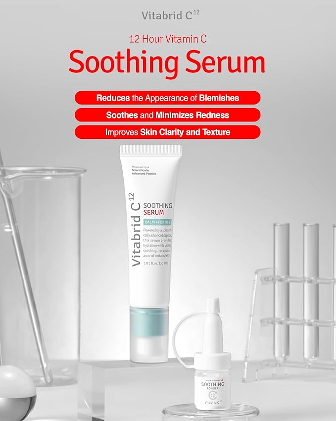 12 Hour Vitamin C Soothing Serum for Acne & Blemish-Prone Sensitive Skin - Improves Sebum, Pores and Redness - Peptides, Niacinamide, Madecassoside, 1.01 fl.oz. Powder 0.04oz.