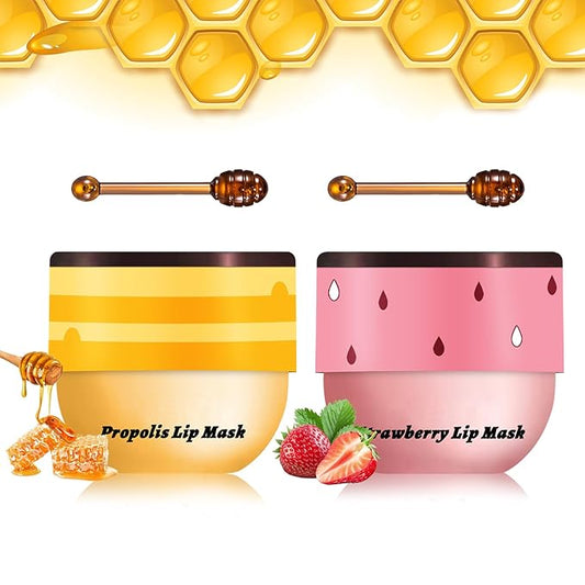 NVLEPTAP 2PCS Honey Pot Lip Balm - Moisturizing Honey & Strawberry Lip Mask Care Products with Wand