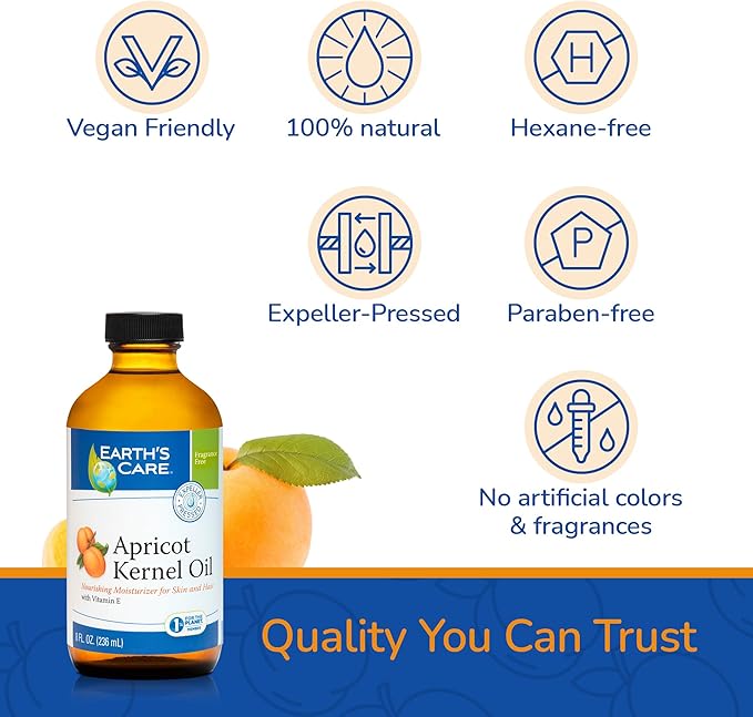 Earth's Care Apricot Kernel Oil - Apricot Oil for Skin and Hair with Vitamin E - Expeller Pressed, Glass Bottle - 8 Fl OZ