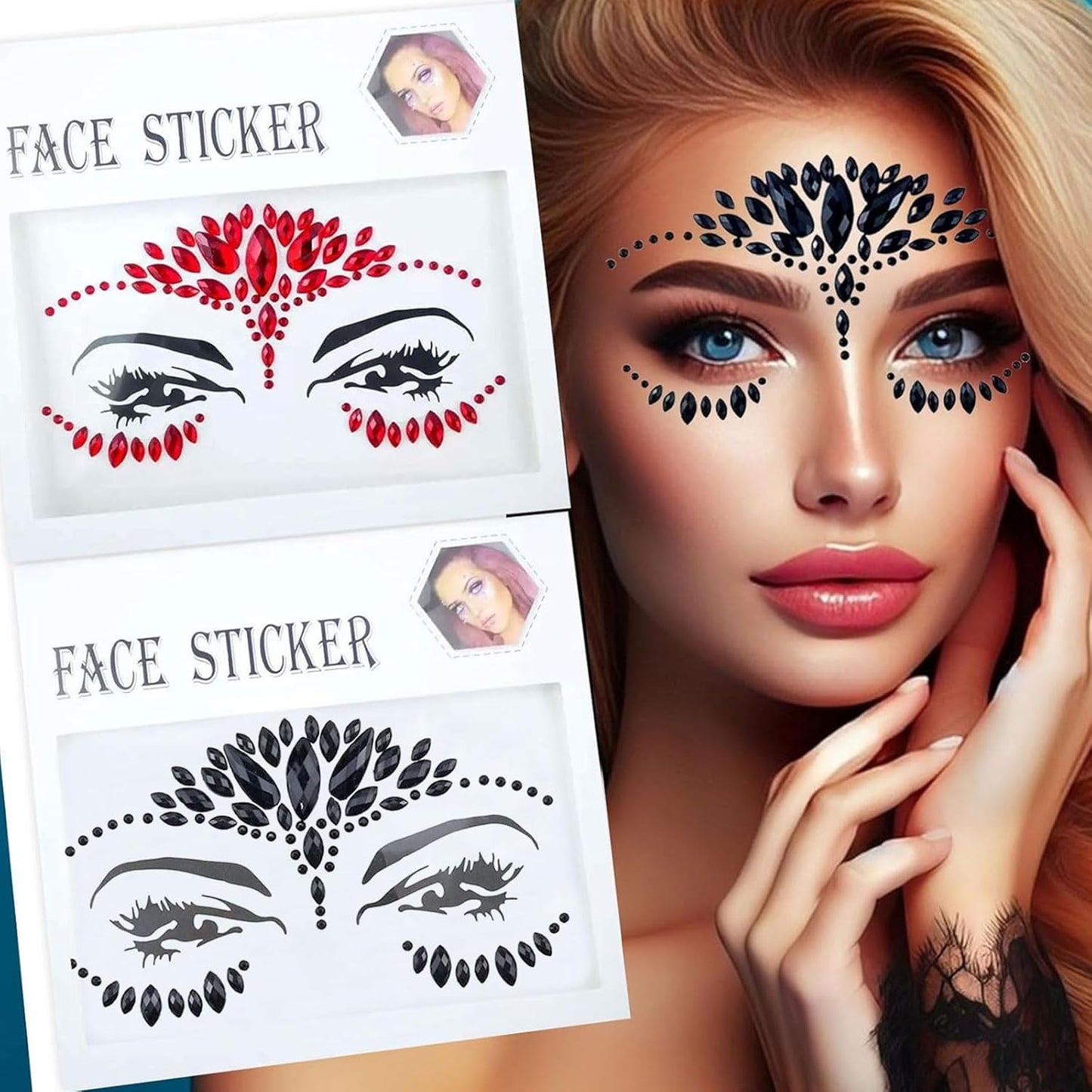 2-Pack Halloween Face Tattoo Stickers - Black & Red Rhinestone Face Gems for Costume Makeup, Body & Eye Decoration, Festival, Concerts, Cosplay & Party Supplies (Self-Adhesive, Easy to Apply & Remove)