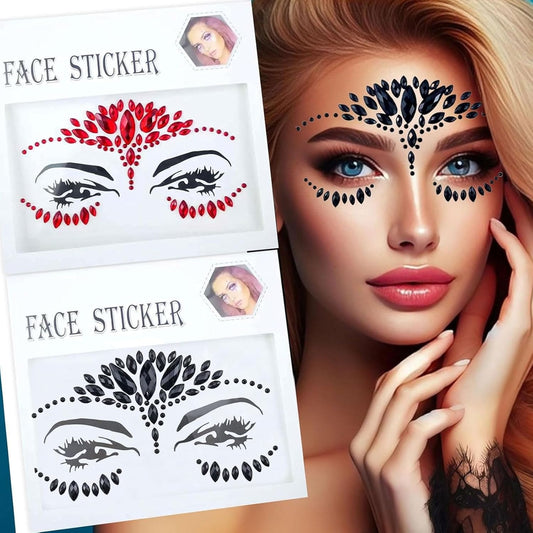 2-Pack Halloween Face Tattoo Stickers - Black & Red Rhinestone Face Gems for Costume Makeup, Body & Eye Decoration, Festival, Concerts, Cosplay & Party Supplies (Self-Adhesive, Easy to Apply & Remove)