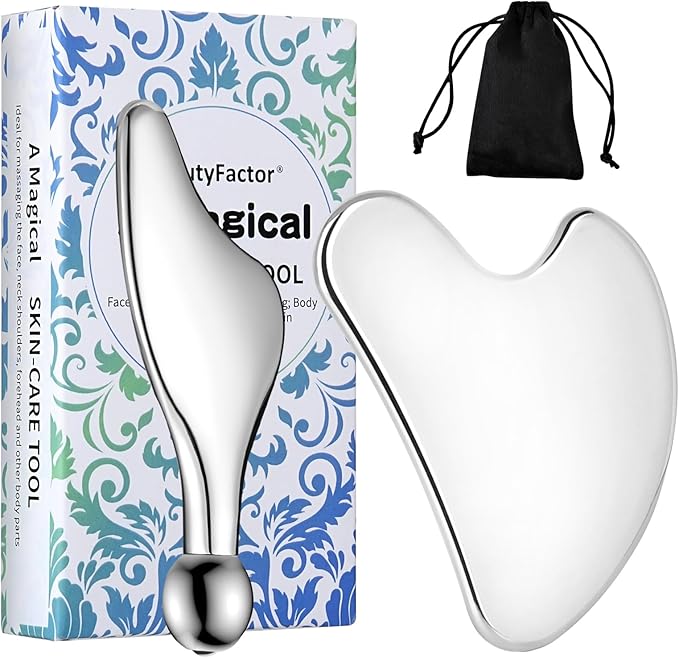 Stainless Steel Gua Sha Facial Tools Guasha for Face Metal Gua Sha Tighten Skin Massage,Guasha Beauty Tool Manual Massage Sticks for Jawline Sculpting,Puffiness Reducing and Body Massager