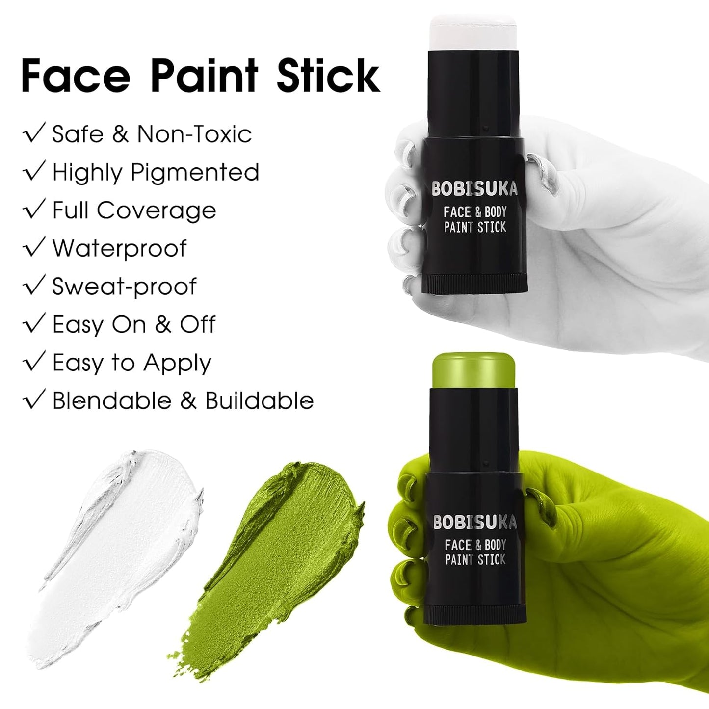 BOBISUKA Light Green & White Face Body Paint Stick Kit with Black Eyeshadow, Black Liquid Eyeliner, Setting Powder & 2 Sponges – Halloween Cosplay Makeup Set for Witch, Beetle Juice, Monster, Goblin