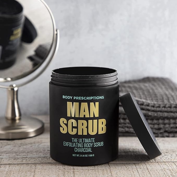 Body Prescriptions Men’s Exfoliating Body Scrub – Ultimate Skin Cleansing Wash in Jar with Twist-Top Lid, For All Skin Types, 21 Ounce (Pack of 2), Charcoal
