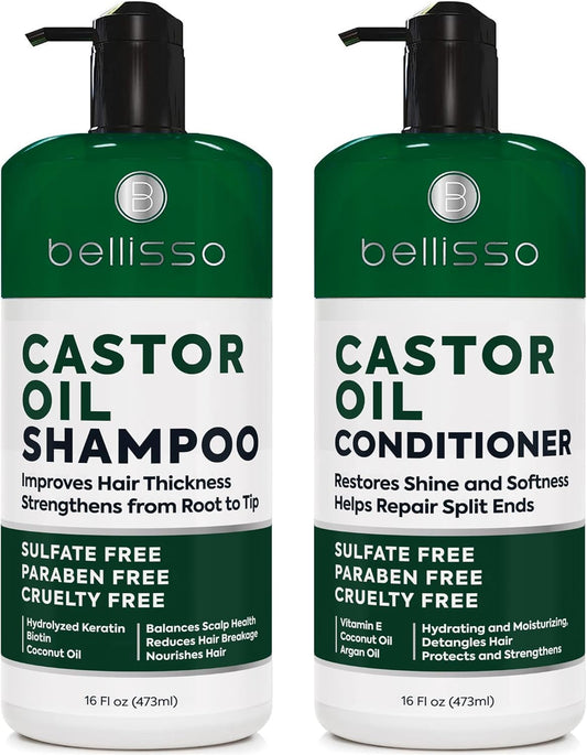 Castor Oil Shampoo and Conditioner Set - Thickening Products for Thinning Hair Women and Men - Sulfate Free Formula - Hydrating, Volumizing and Moisturizing for Dry Hair - Volume Boosting, Color Safe