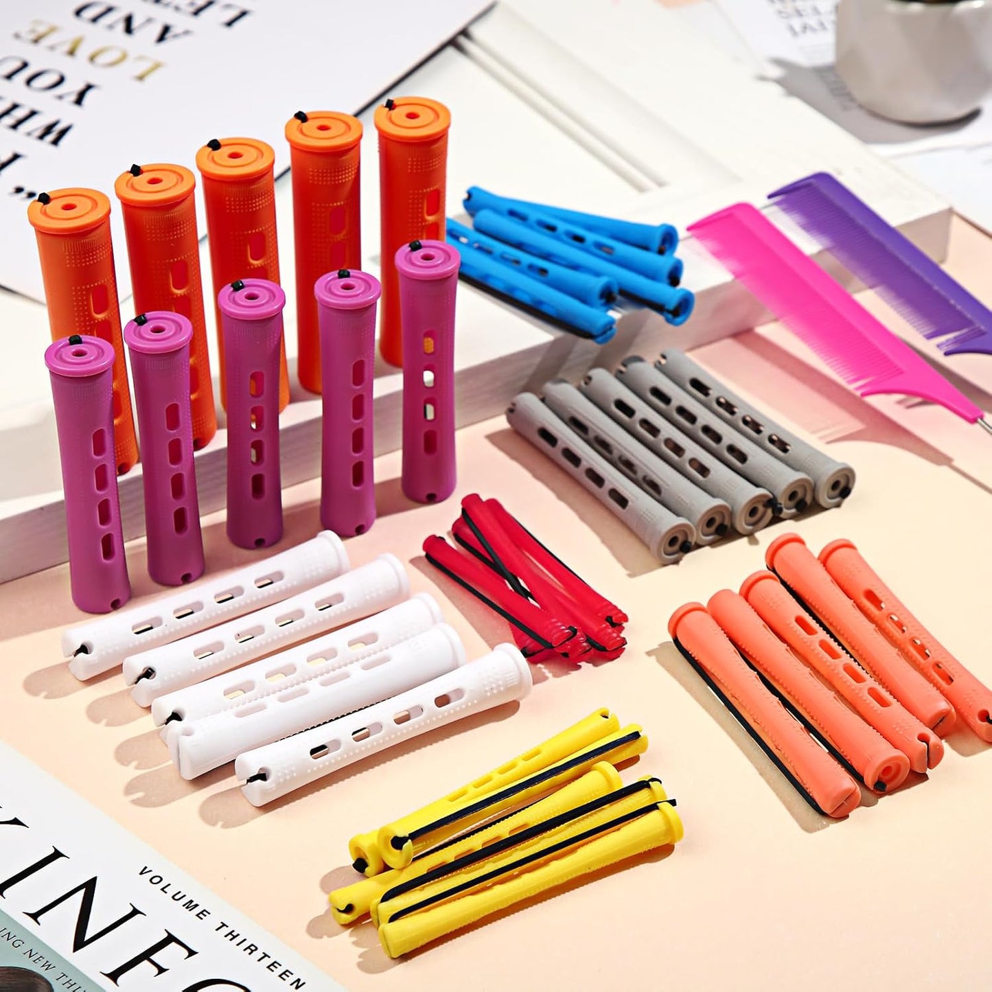 60 Pcs Perming Rods Set - 8 Sizes Cold Wave Rollers with Rat Tail Combs, Clips for Long and Short Natural Hair Styling, Hairdressing Kit
