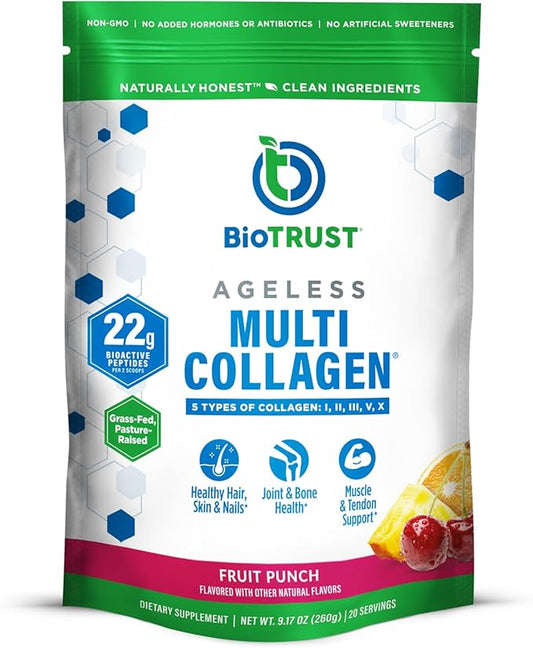 BioTrust Ageless Multi Collagen Peptides Powder – 5 Types (I, II, III, V, X) – Fruit Punch Collagen Powder for Women & Men – Hydrolyzed Protein – Grass Fed Beef, Fish, Chicken, Eggshell Membrane
