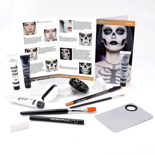 Halloween for Skeleton Makeup Kit, Professional Halloween SFX Makeup Set for Skeleton Costume, Water-Based Face Paint Set with Black White SilverFace Paints, for Cosplay, Costume Party