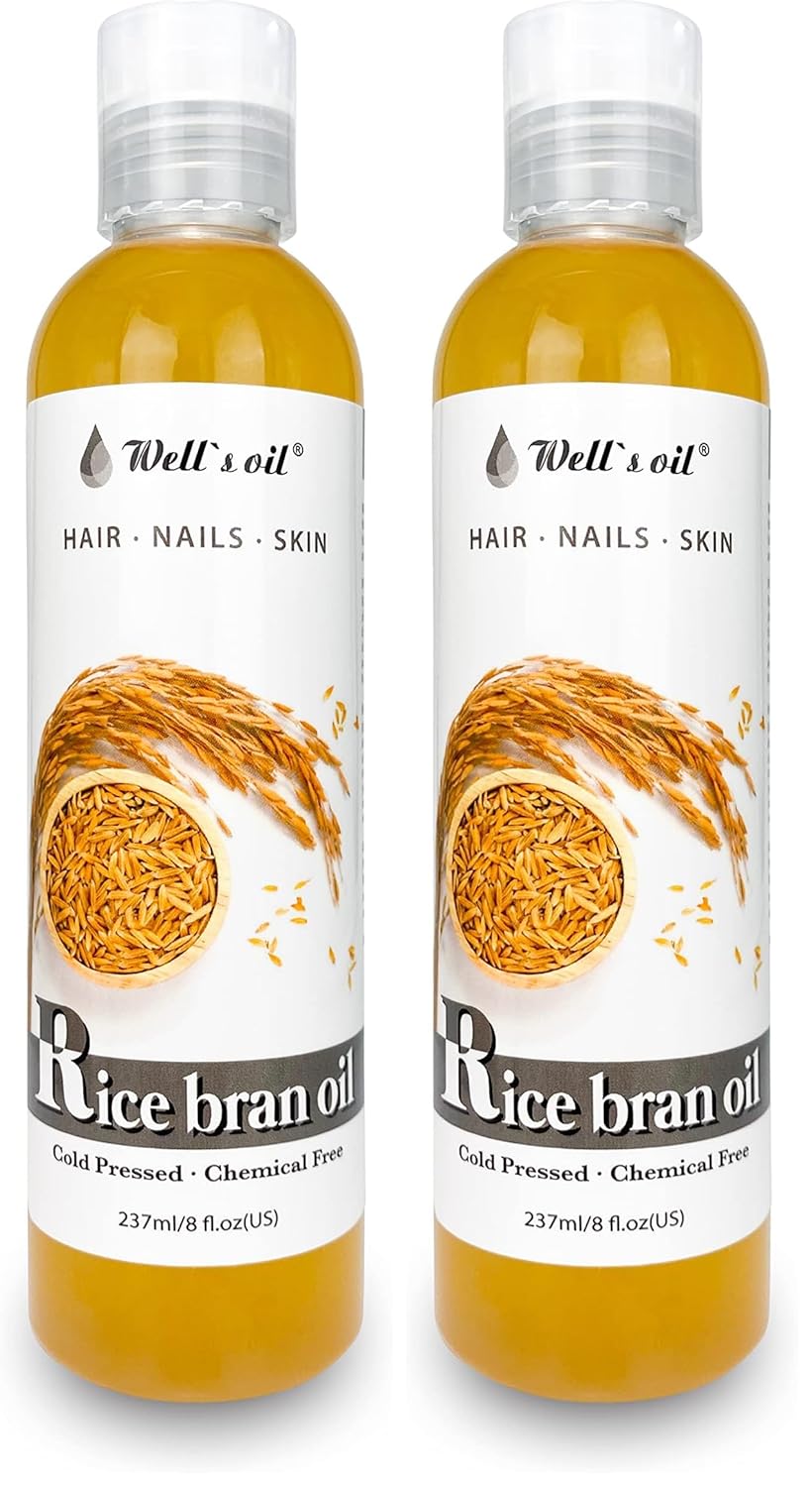 Well's Oil Rice Bran Oil | 100% Pure Natural Carrier Oil | Refined, Cold Pressed | For Body, Skin & Hair (8 fl oz / 237 ml) (Pack of 2)