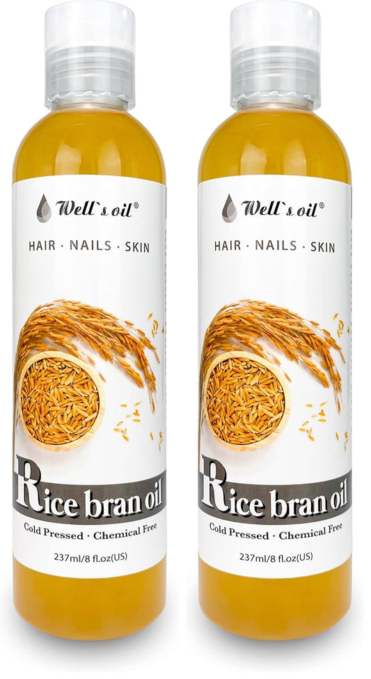 Well's Oil Rice Bran Oil | 100% Pure Natural Carrier Oil | Refined, Cold Pressed | For Body, Skin & Hair (8 fl oz / 237 ml) (Pack of 2)