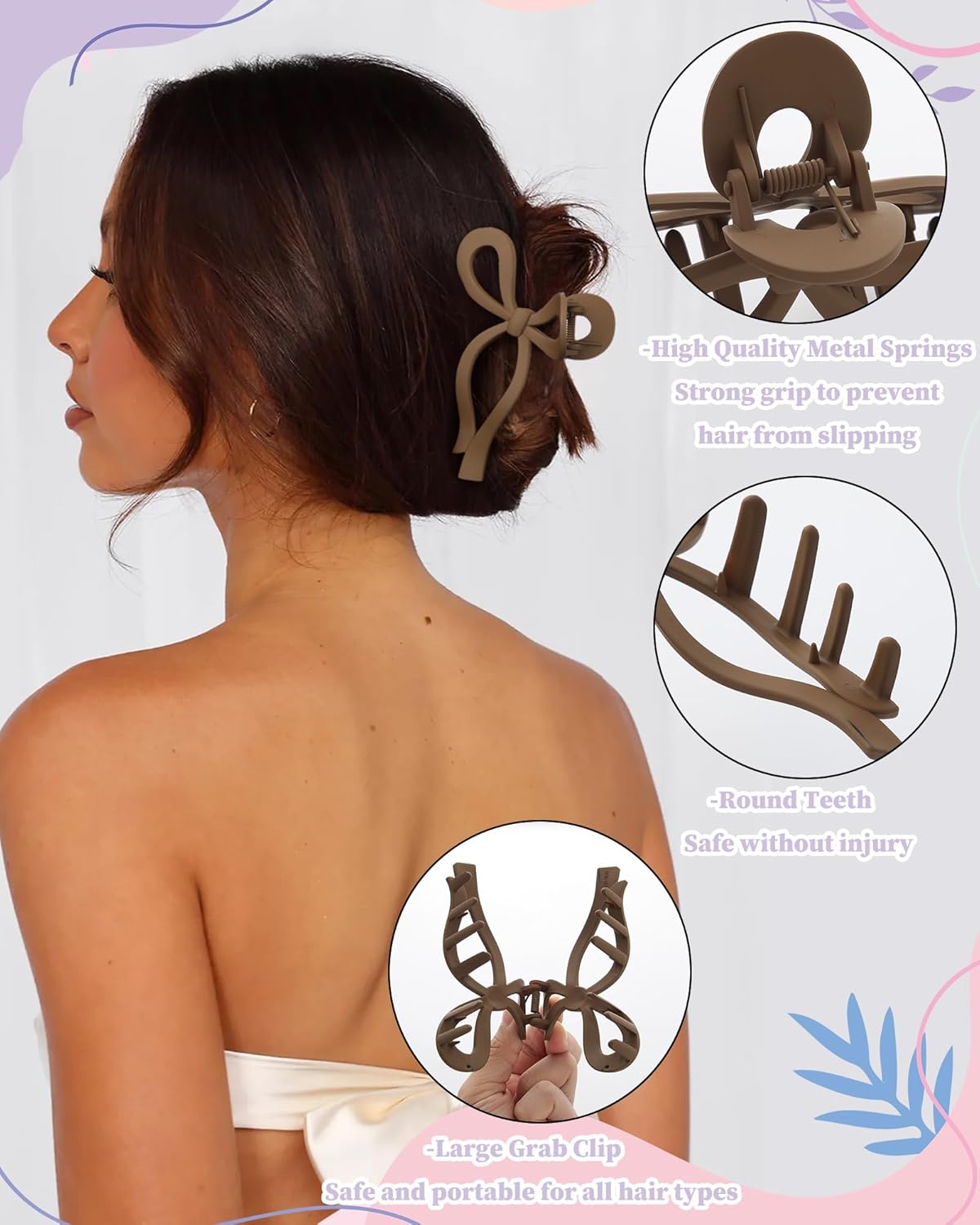 4 PCS Bow Hair Clips Bow Claw Clip for Women Nonslip Large Hair Claw Clips for Thin and Thick Hair Strong Hold Hair Bows (Tortoise+Camel+Black+Coffee)