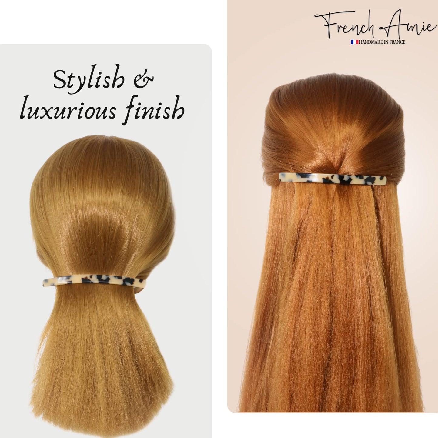 French Amie Long and Thin White Tokyo Large 4” Handmade Celluloid Automatic Hair Clip Barrette for Women and Girls (White Tokyo)