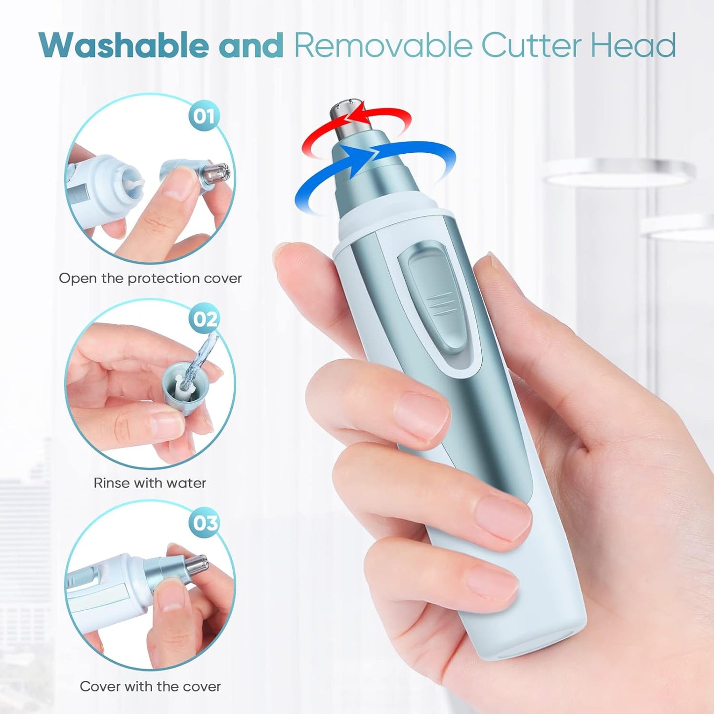 Ear and Nose Hair Trimmer Clipper - 2025 Professional Painless Eyebrow & Facial Hair Trimmer for Men Women, Battery-Operated Trimmer with IPX7 Waterproof, Dual Edge Blades for Easy Cleansing Blue