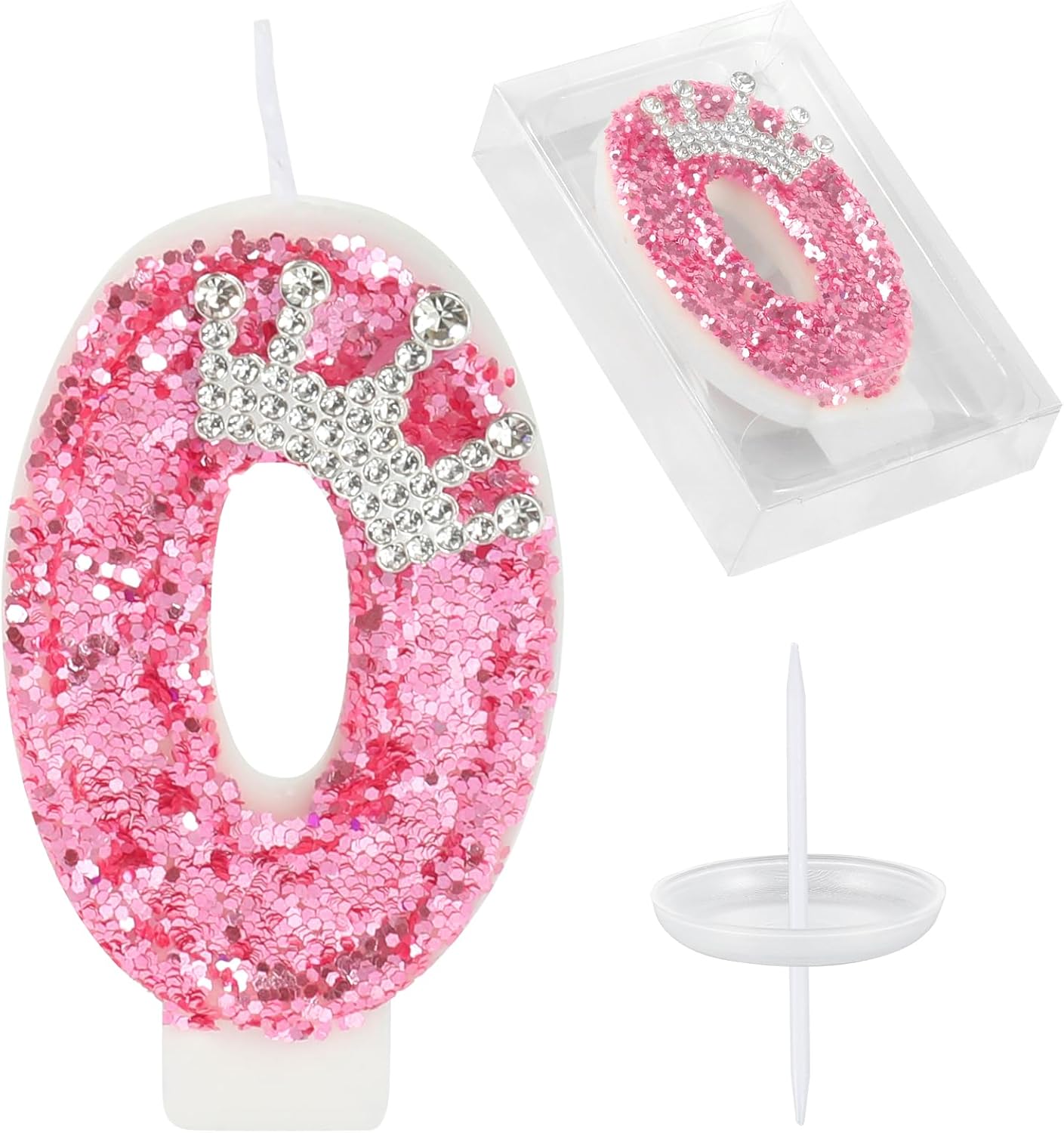 Birthday Number Candles,Pink Crown Birthday Candles for Cake,Glitter Number 0 Candle Cake Topper with Sequins for Girls,Women, Anniversary Celebrations Supplies (Pink 0)