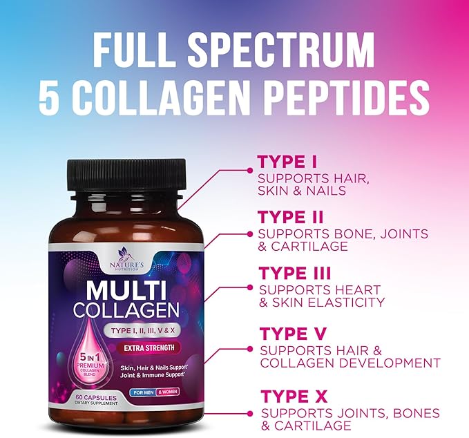 Collagen Peptides for Women & Men - Type I, II, III, V, X Multi Collagen Pills, Hydrolyzed Collagen Peptides Supplements, Nature's Hair, Skin, Nail, and Joint Support Supplement, Non-GMO, 60 Capsules