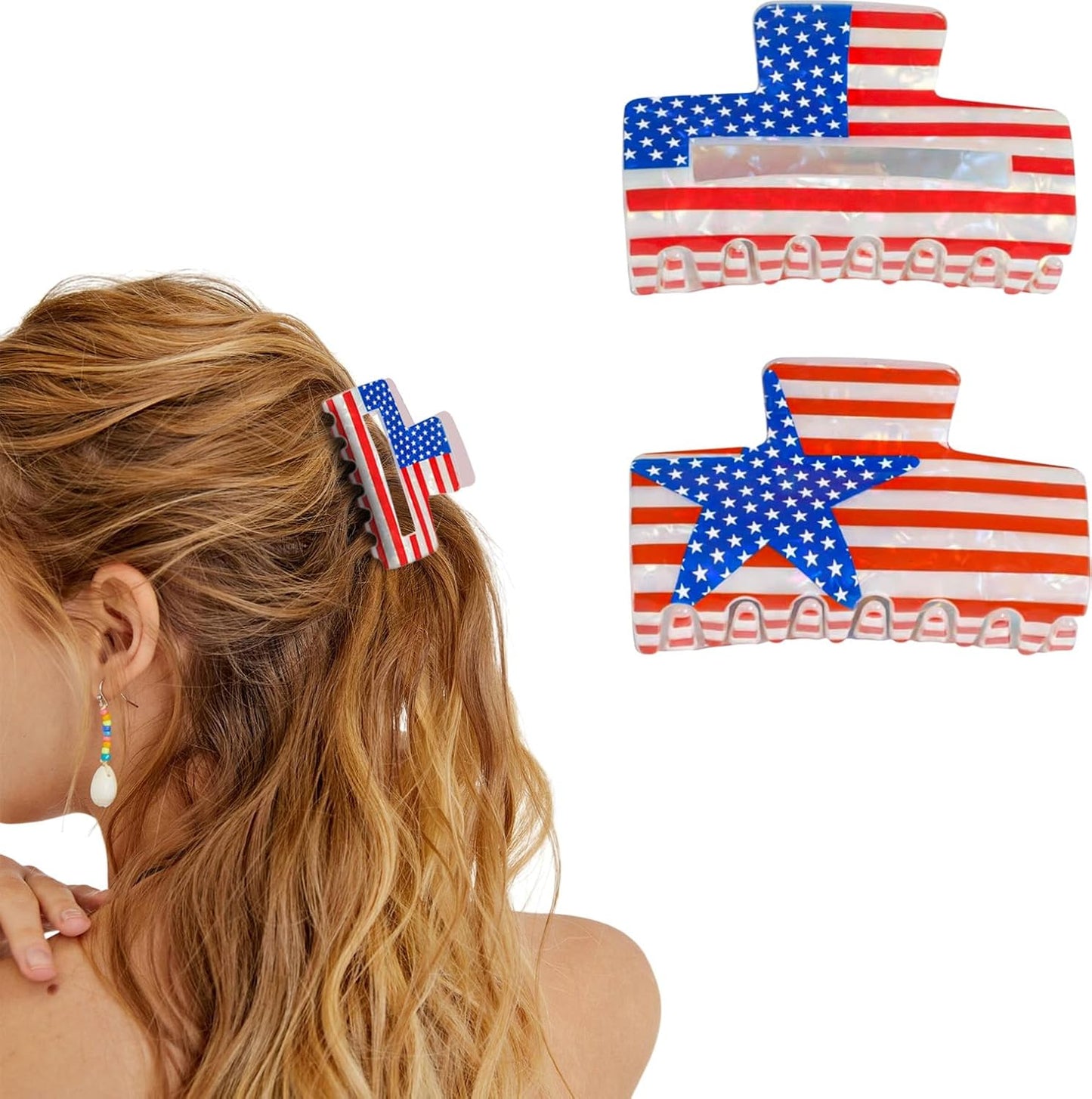 2 Pcs 4th of July Hair Claws for Women, Patriotic Hair Clips, Red White Blue Hair Claw Clips for Independence Day Party, Summer Hair Accessories with Stars and Stripes Design, Hair Claw for Thick Hair