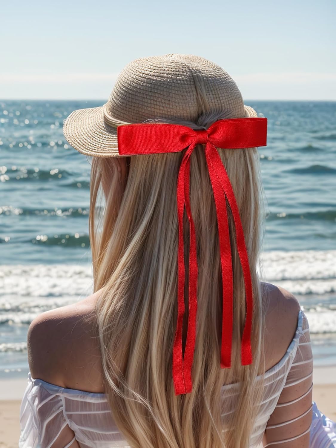 4pcs Ribbon Bowknot Hair Clips for Women with Long Tails, Solid Barrettes Claw Accessories in Black Red