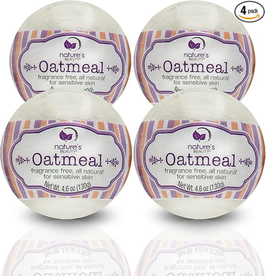 Nature's Beauty Oatmeal Fragrance-Free Bath Bomb Multi-Pack - Natural Hand Crafted, Non-Staining, Luxury Fizzy Spa Bomb, Sooth Dry + Itchy Skin Made w/Almond + Coconut Oil, 4.6 oz (4 Pack)