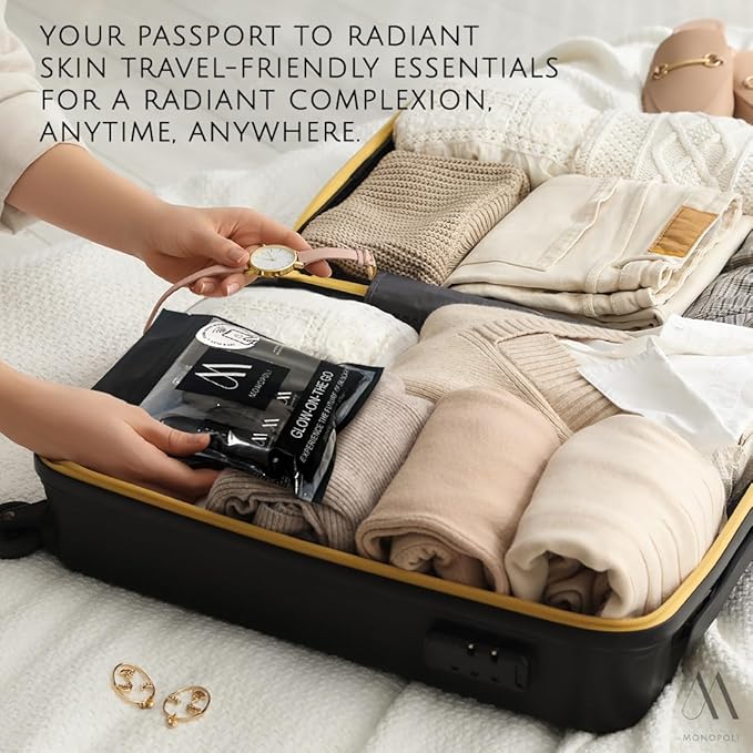 Monopoli Skin Travel Skincare Set | Airplane-Friendly Sizes | Complete Facial Skin Care Kit with BHA Serum, Vitamin C, Moisturizer & Cleanser | Essentials & Gift Set for Women & Teens | 15 Kits