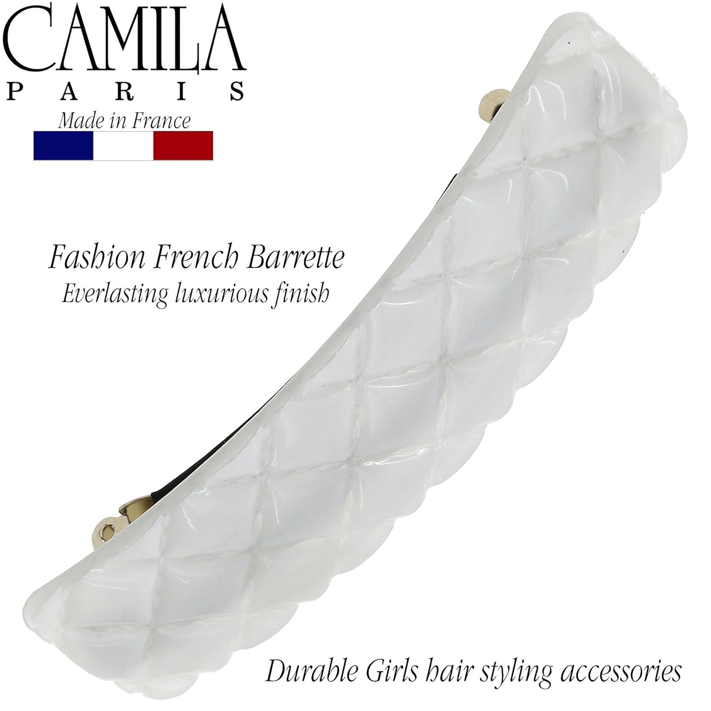 Camila Paris CP3248 French Hair Barrette Clip for Girls, White Shell, Rubberized Metal Closure Strong Hold Grip Hair Clips for Women, No Slip Durable Styling Girls Hair Accessories, Made in France