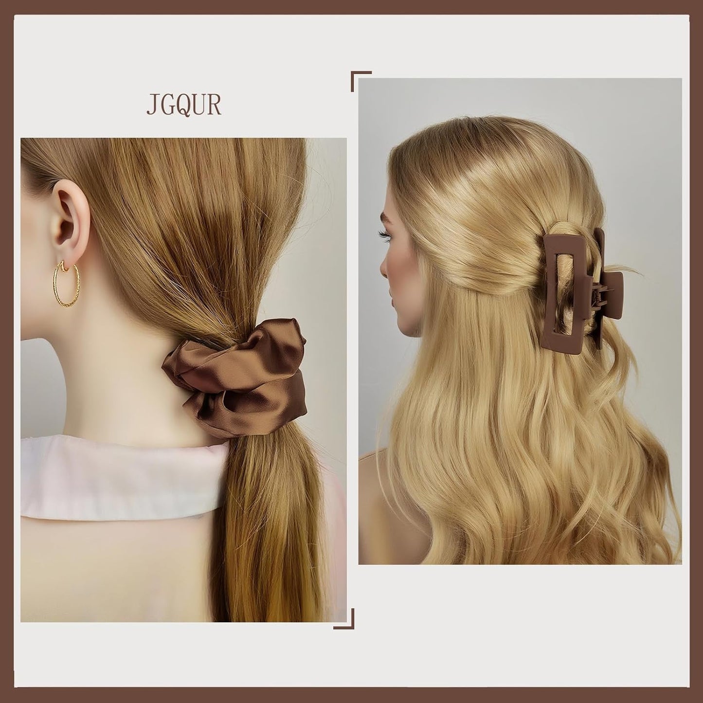 8 Pcs Hair Claw Clips and Scrunchies Set – Square Hair Clips for Women, Medium Non-Slip Matte, Large Satin Scrunchies, Hair Accessories for Thick Thin Hair, Party, Daily Use – Coffee