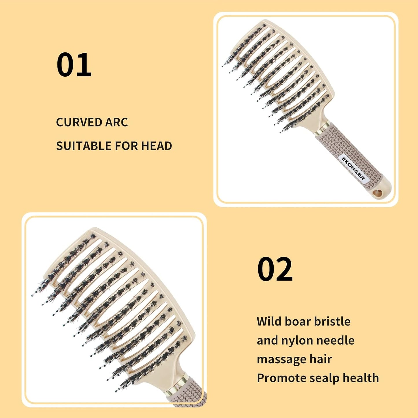 Detangling Brush Boar Bristle Hair Brush,Suitable for Men, Women & Kids’ Long Curly Wet or Dry Hair,EKONAER Hairbrush for Thick Make Hair Shiny & Healthier(Gold)