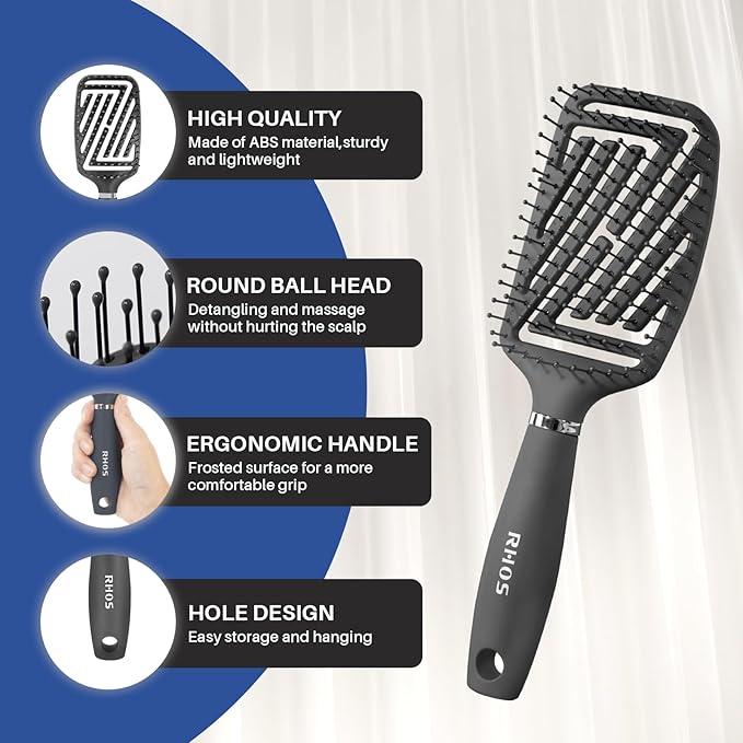 RHOS Curved Vented Detangling Hair Brush for Men, Faster Blow Drying/Styling,Paddle Vent Detangler Brush for Short,Thin,Bangs,Wet&Dry Hair(Gray)