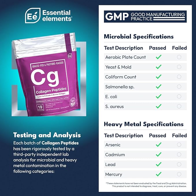 Essential Elements Hydrolyzed Collagen Peptides Powder - Supplement for Joint, Skin, Hair, & Nail Support Types I III Non-GMO, Hormone-Free, Grass-Fed 41 Servings