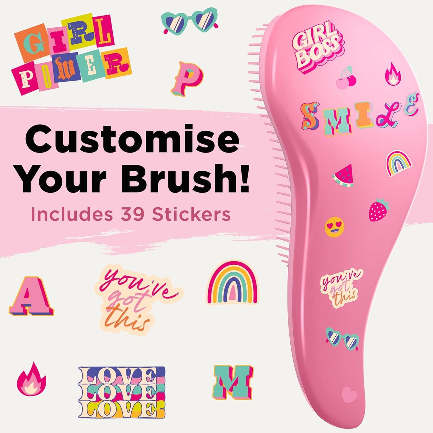 Lily England Detangler Brush for Curly, Thick, Straight & Natural Hair - Trendy Gift for Teens, Kids & Toddlers with Stickers - Hairbrush for Wet & Dry Hair, Pink