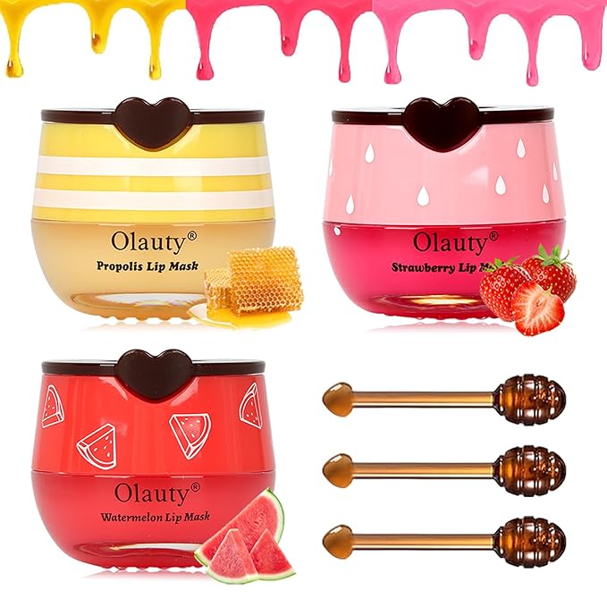 Sulily 3 Pcs Bee Balm Lip Balm Honey Pot,Honey&Strawberry&Watermelon Lip Sleeping Mask Hydrating Prevention Dry and Cracked Lip Scrubs Exfoliator Lip Care,Lip Mask Overnight Reduces Lip Lines