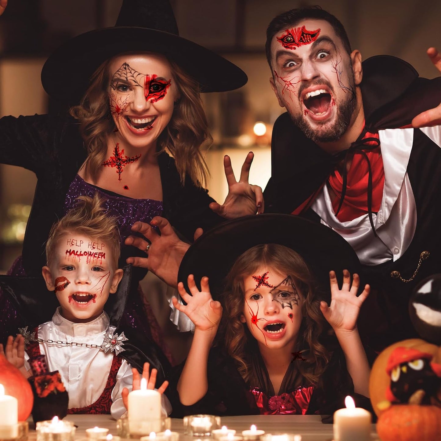 Kiss Tattoos Temporary Halloween Red Bleeding Stitch Scary Prank Makeup for Kids Girls Adult Women Face Body Halloween Decorations-40 Sheets