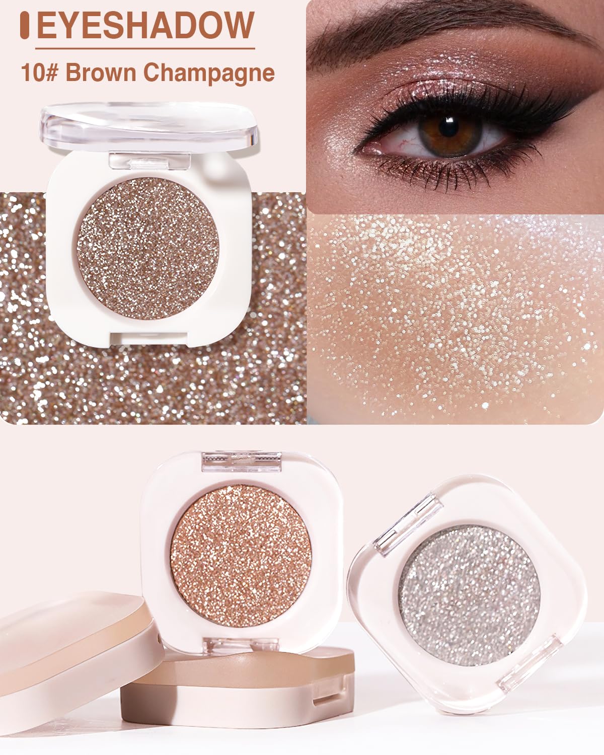 Glitter Shimmer Eyeshadow, Pigmented, Soft, Smooth Formula, Blendable Sparkly Eye Shadow Eyeliner Makeup, Long-lasting Metallic and Shimmer Finish, Brown Champagne