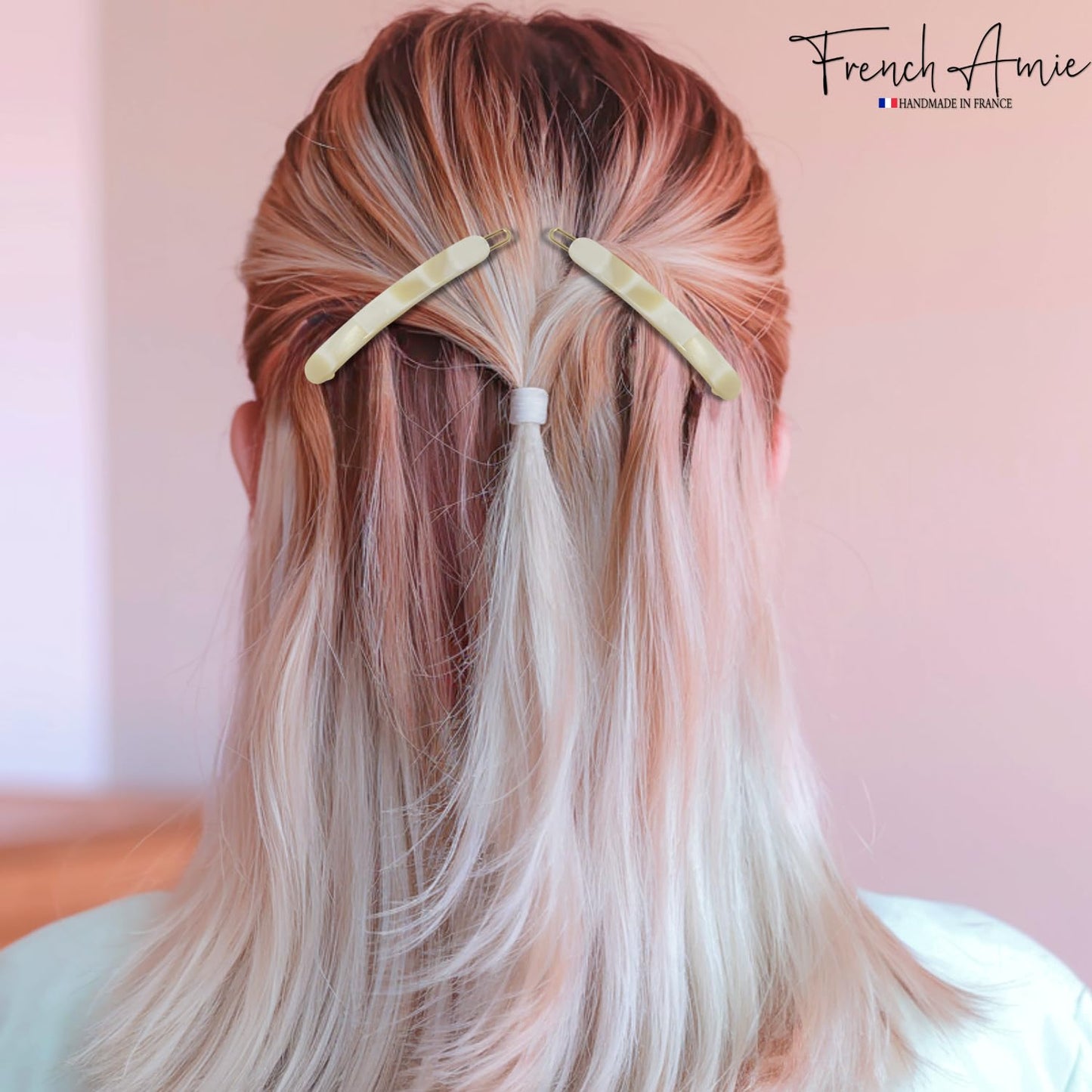 French Amie Rounded Oblong Small 2.5" Cellulose Set of 2 French Hair Clips Tige Boule Handmade Girls Side Slide-in Hair Barrette Clip (Cream Ivory)