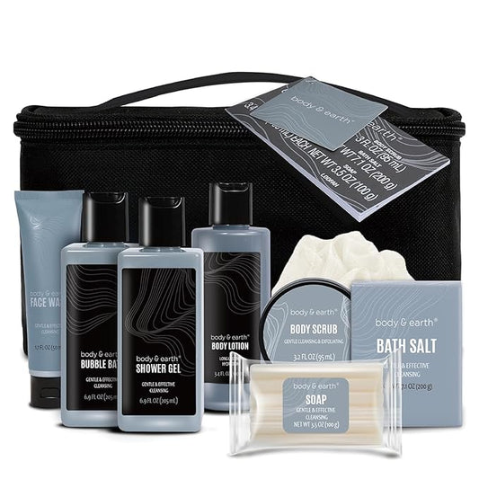 Gift Baskets for Men Bath Set Body & Earth Leathers Mens Body Wash Set with Body Lotion, Face Wash, Shower Gel, Bubble Bath, Loofah, Regalos Para Hombre, Birthday Fathers Day Gifts