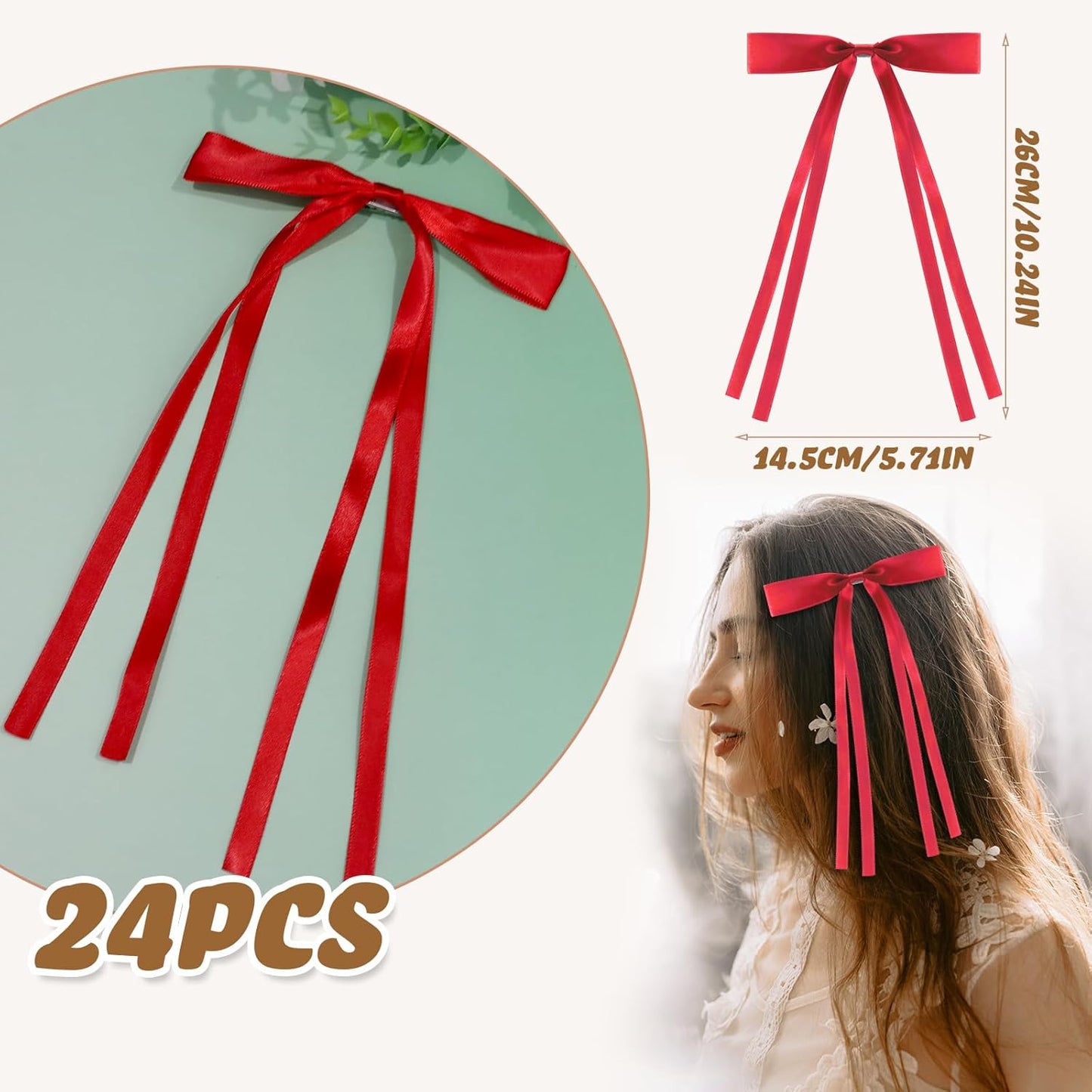 24 PCS Hair Bows Clips Ribbon,Mini Satin Hair Bows With Long Tail for Women and Girls Hairstyle Accessory Gift (Red)