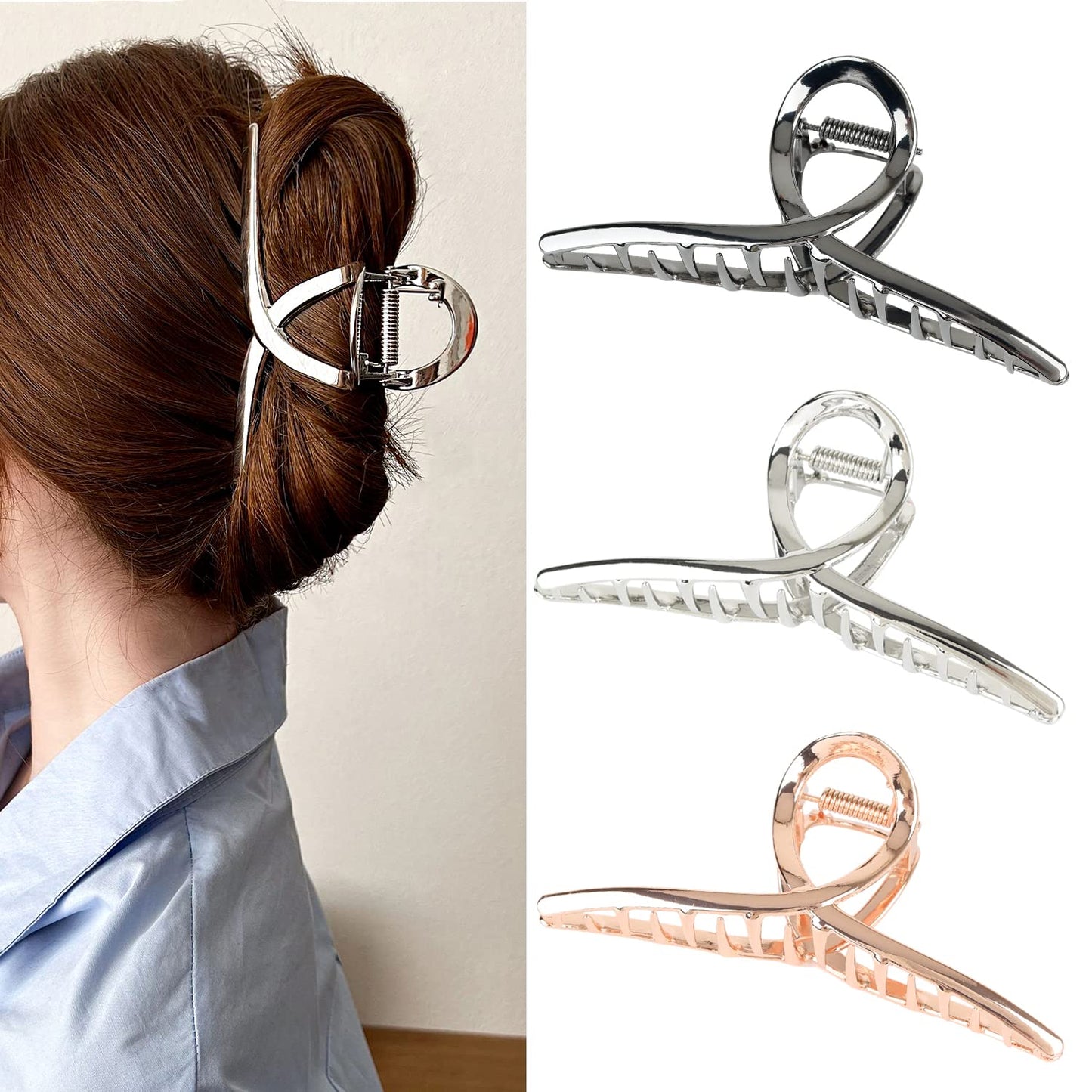 FAELBATY Hair Clip Claws Set of 3 (Glossy Silver, Dark Grey, Rose Gold) - Glossy Metal Hair Clips, Large Hair Accessories for Women and Girls, Strong Hold Barrette, 3 Pcs