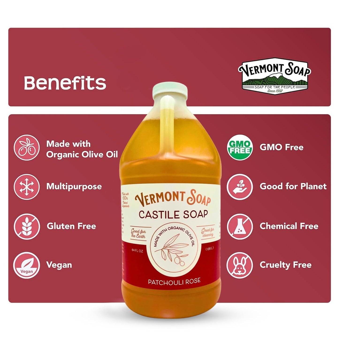 Vermont Castile Soap Patchouli Rose, Gentle Liquid Soap for Sensitive Skin & Natural Body Wash, Organic Hair Shampoo for Oily Hair, Aloe Castile Soap for Men & Women - 64 Oz