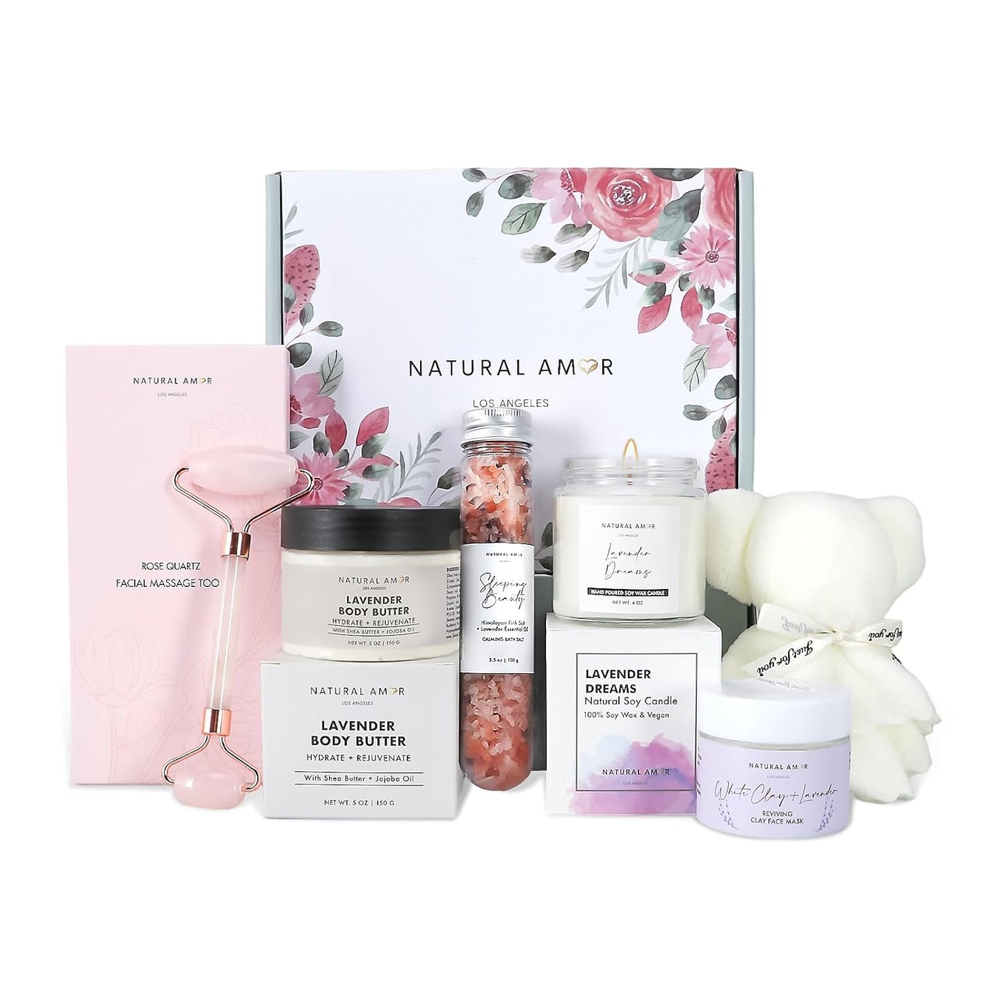 Natural Amor Lavender Spa Gift Set – 6 pcs Handmade Self-Care Kit with Body Butter, Bath Salt, Clay Mask, Candle, Jade Roller & Bear Headband – Relaxation Gift for Women