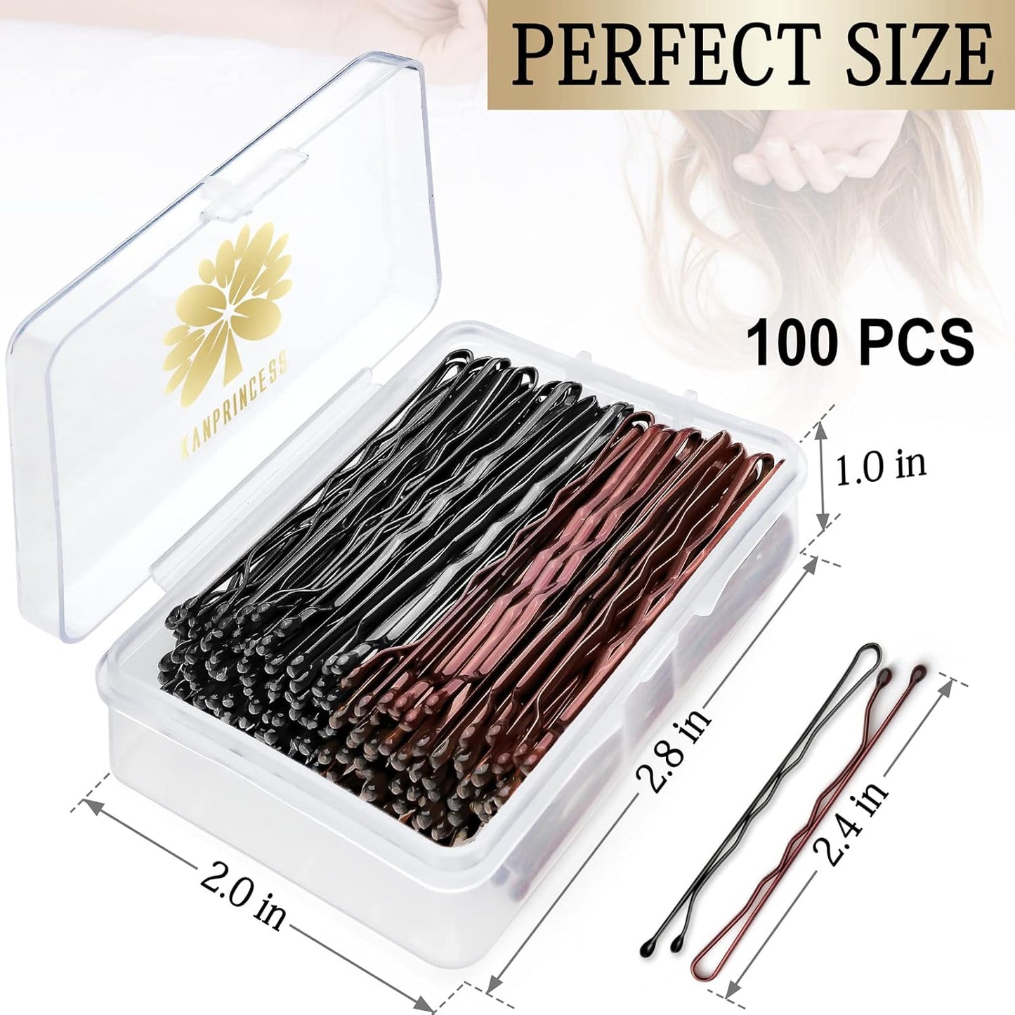 100PCS 2.4Inch Bobby Pins Black,Pain-Free Bobby Pins for All Hair Types,Brown Hair Pins for Women Girls,Hairpins for Buns with Box(Black+Brown)