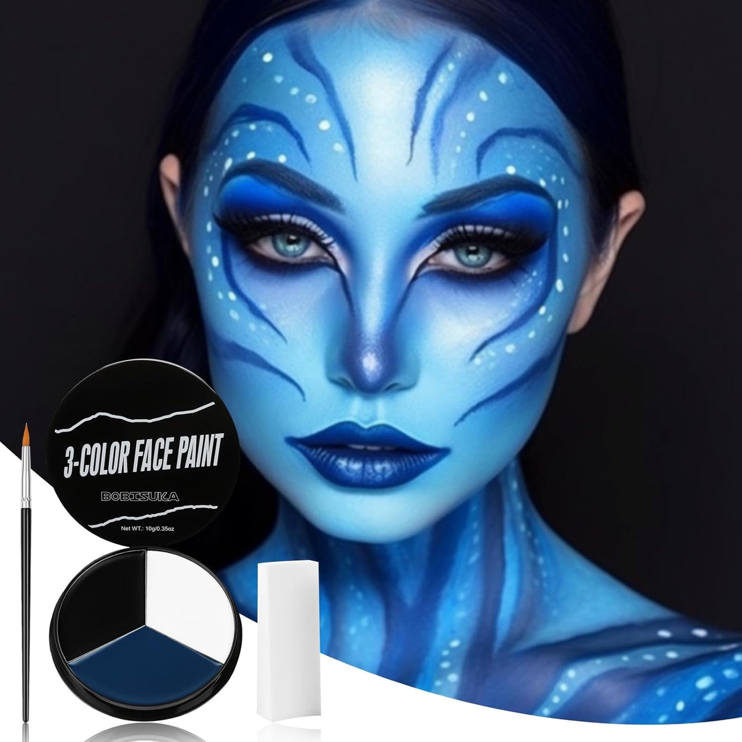 White Black Blue Face Paint + 3PC Sponge + Brush Body Paint Set, Eye Black for Baseball Softball Sport Games, Face Painting Kit for Halloween Makeup, Cosplay, Costume, SFX Makeup, Theme Parties