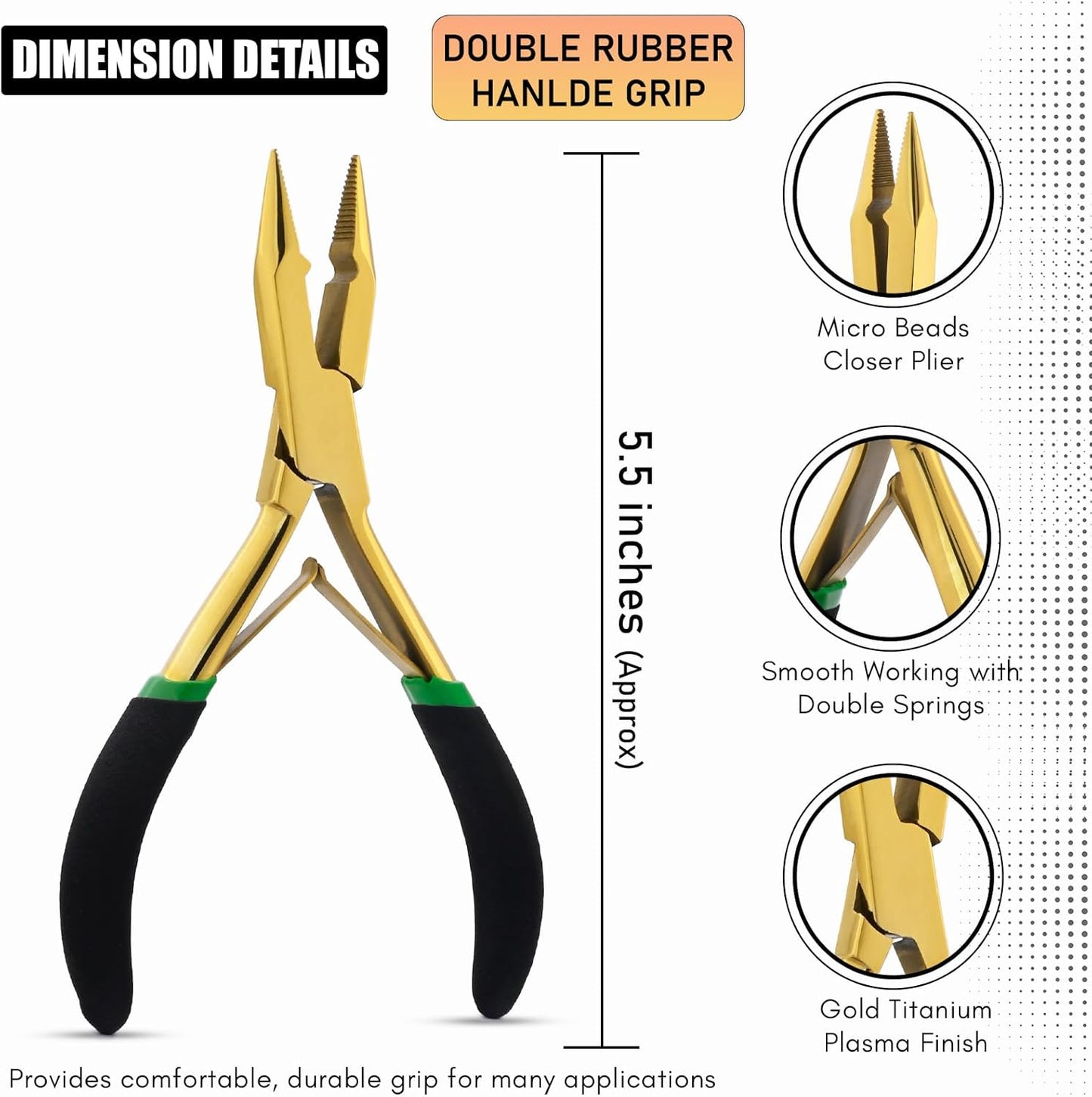 Professional Hair Extension Tools Microlink Bead Remover Plier for Hair Extensions Removal Micro Ring Beads Opener 5.5 Inch Pliers Silver Polish Stainless Steel (Gold Black Foam Applicator)