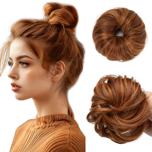 CJL HAIR 2PCs Small Cute Messy Bun Hair Piece for Thin Hair Women Mini Synthetic Curly Bun Scrunchies Updo Hairpieces Tizian Red