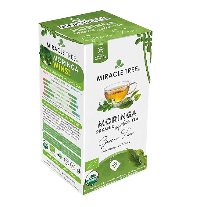 Miracle Tree - 12 Count of Organic Moringa Superfood Tea, 25 Individually Sealed Tea Bags, Green Tea (Keto, Detox, Energy/Immunity Booster, Vegan, Gluten-Free, Organic, Non-GMO, Caffeine-Free)