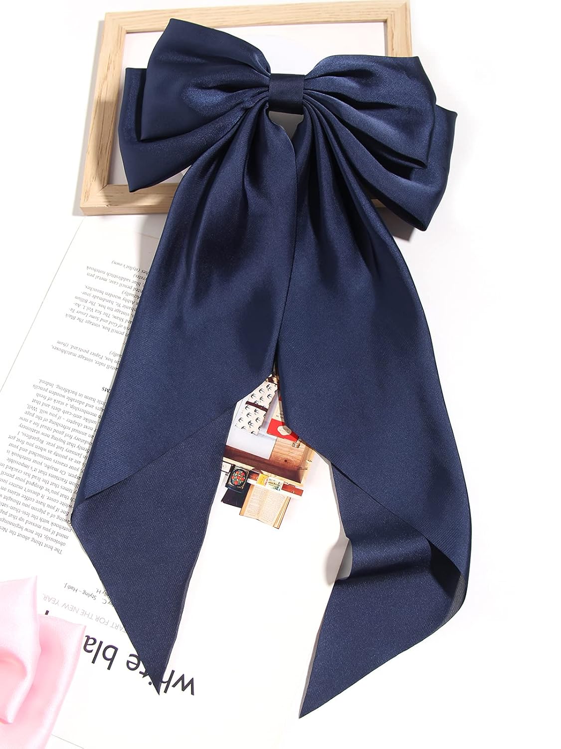 Satin Bow Barrettes and Long Ribbon Navy Hair Pins for Girls and Women - Party Hair Accessories with Bowknot Hairpins