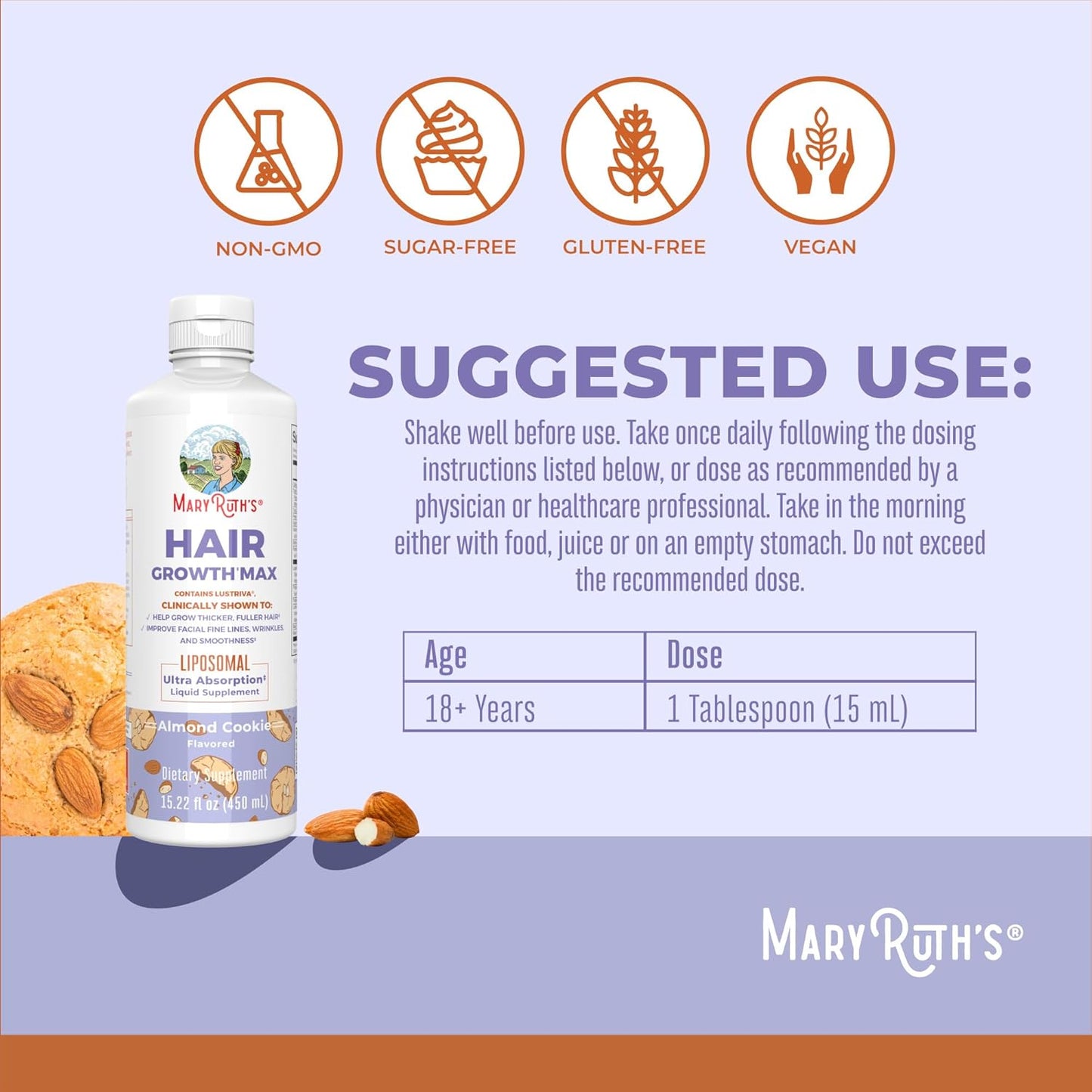 MaryRuth Organics Women's Hair Growth MAX Liposomal | with Lustriva® + Biotin 10000mcg + Pumpkin Seed Oil | Thicker Hair | Hair Care | Wrinkles, Fine Lines, Skin Care | Ages 18+ | 15.22 Fl Oz