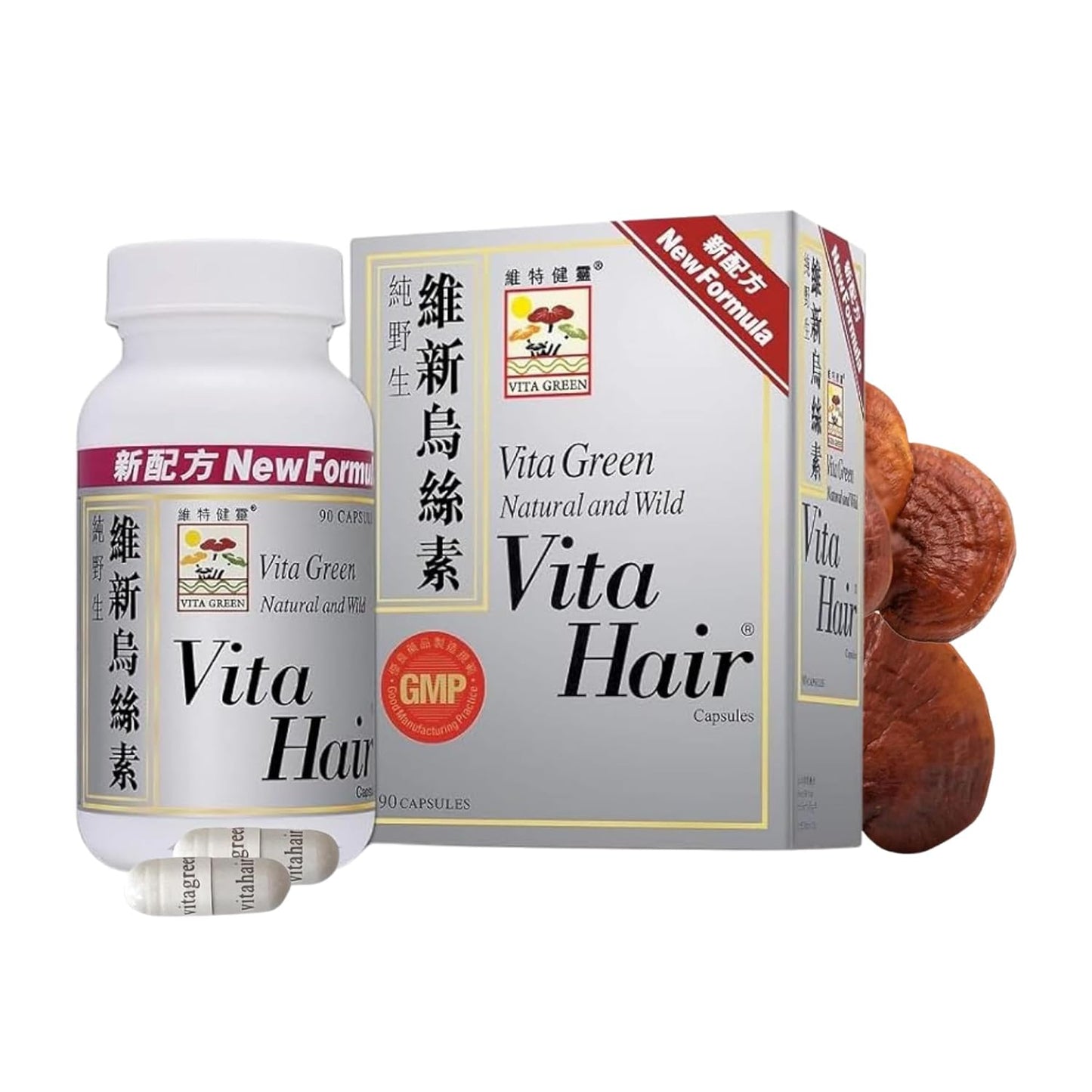 Vita Green Hair Growth Supplement (維新烏絲素) – Herbal Support for Thinning and Graying Hair – Naturally Simulates Follicles to Encourage Fuller, Healthier Hair – 90 Capsules