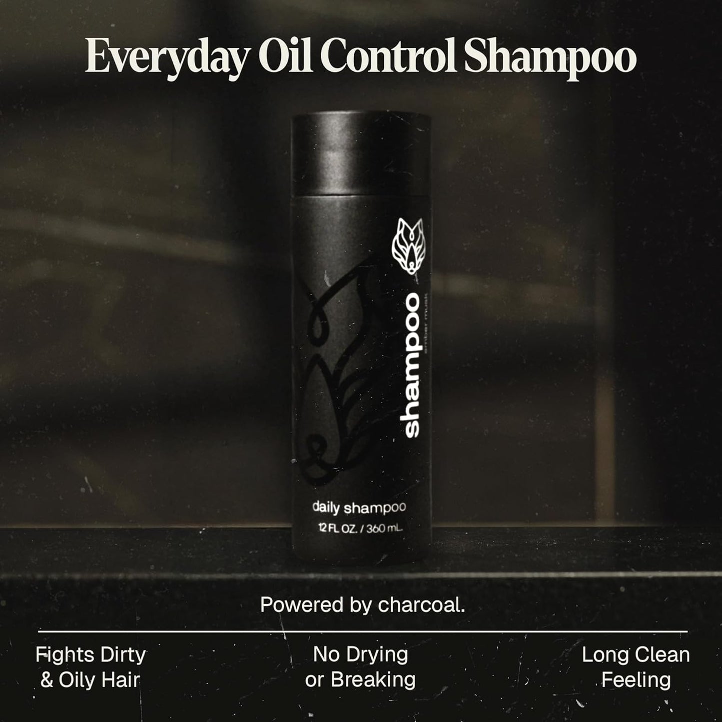 Black Wolf Mens Shampoo for Oily Hair, 12 Fl Oz - Charcoal-Infused Oil Control Shampoo with Moisturizing & Deep Cleansing Formula Hydrates & Nourishes Scalp - Daily Hair Care for Men