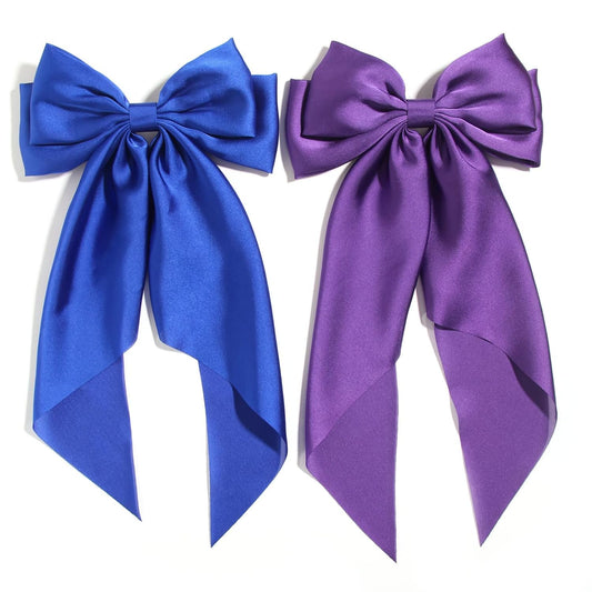 SUSULU Purple Hair Bows for Women, Big Royal Blue Bows for Hair, Metal Clips French Barrette with Long Tail Satin Ribbon Scrunchies Ponytail Hair Accessories 2pcs
