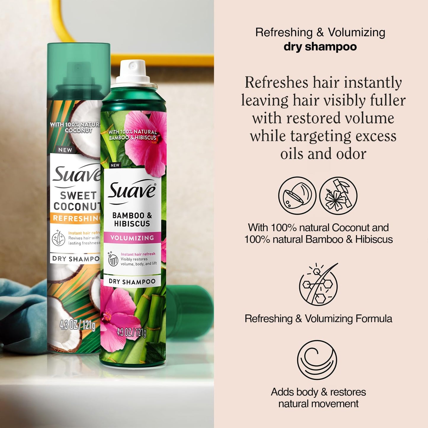 Suave+ Dry Shampoo Spray Variety 2-Pack – Volumizing Bamboo & Hibiscus, Refreshing Sweet Coconut, 4.3 Oz Ea